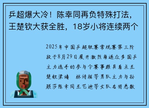 乒超爆大冷！陈幸同再负特殊打法，王楚钦大获全胜，18岁小将连续两个3-0！
