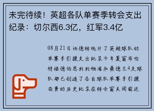 未完待续！英超各队单赛季转会支出纪录：切尔西6.3亿，红军3.4亿